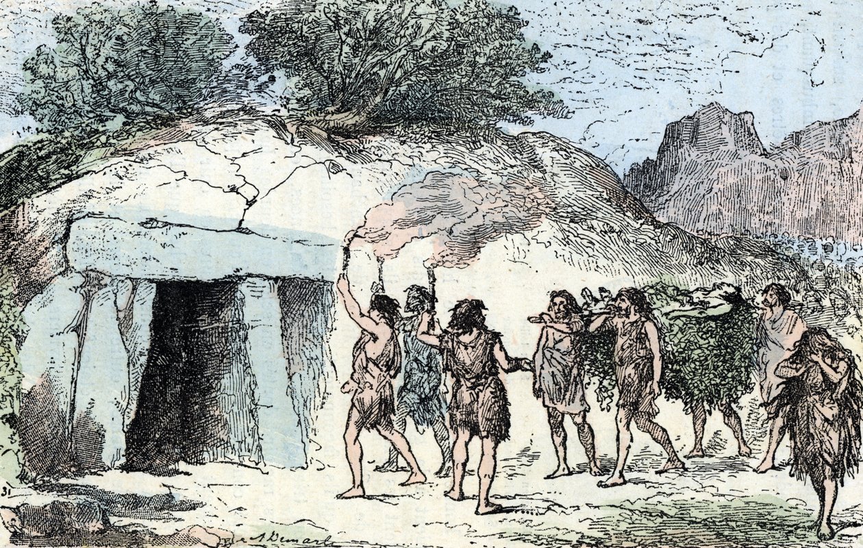 Prehistoria, neolit; ceremonia funebre (Prehistoria, neolit: ceremonia pogrzebowa) Rycina z „Natura i człowiek” Renegata 1881 Zbiory prywatne autorstwa Alphonse Demarle
