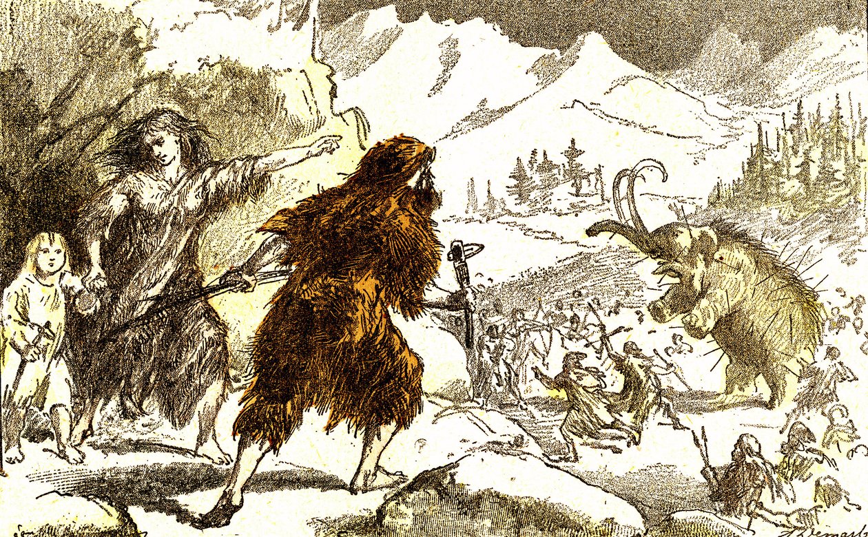 Prehistoria – polowanie na mamuty. Okres lodowy: stworzenie naturalne i istoty żywe. Rysunek A. Demarle