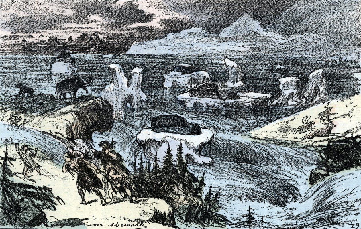 Pre-historia; powódź w Europie Środkowej pod koniec epoki lodowcowej Rycina z „” Natura i człowiek” Rengade 1881 Zbiory prywatne autorstwa Alphonse Demarle