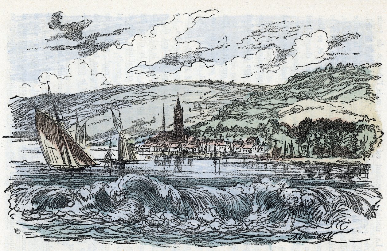 Widok odwiertu pływowego Sekwany do Caudebec-en-Caux (Caudebec en Caux) w Sekwanie Morskim w Normandii (odwiert pływowy Sekwany do Caudebec en Caux w Normandii) Grawerowanie z „” La nature et l