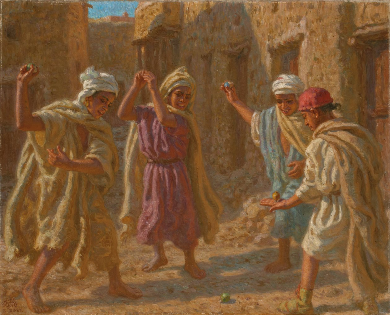 Gra w Spinning Topy; Gra w Spinning Top, ok. 1924 (olej na płótnie) autorstwa Alphonse Etienne Dinet