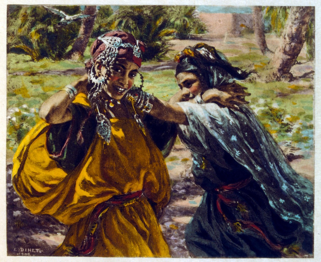 Ilustracja Dinet z „Mirages” Sceny z życia Arabów. 1906. Mirages, Scénes De La Vie Arab został zilustrowany przez Etienne Dinet z komentarzem Silmana Ben Ibrahima Bamera. Nasreddine Dinet urodził się jako Alphonse-Étienne Dinet; (1861-1929) był francuskim  autorstwa Alphonse Etienne Dinet