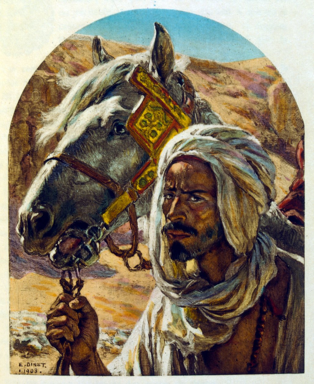 Ilustracja Dinet z „Mirages” Sceny z życia Arabów. 1906. Mirages, Scénes De La Vie Arab został zilustrowany przez Etienne Dinet z komentarzem Silmana Ben Ibrahima Bamera. Nasreddine Dinet urodził się jako Alphonse-Étienne Dinet; (1861-1929) był francuskim  autorstwa Alphonse Etienne Dinet