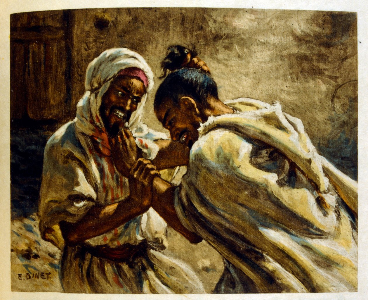 Ilustracja Dinet z „Mirages” Sceny z życia Arabów. 1906. Mirages, Scénes De La Vie Arab został zilustrowany przez Etienne Dinet z komentarzem Silmana Ben Ibrahima Bamera. Nasreddine Dinet urodził się jako Alphonse-Étienne Dinet; (1861-1929) był francuskim  autorstwa Alphonse Etienne Dinet