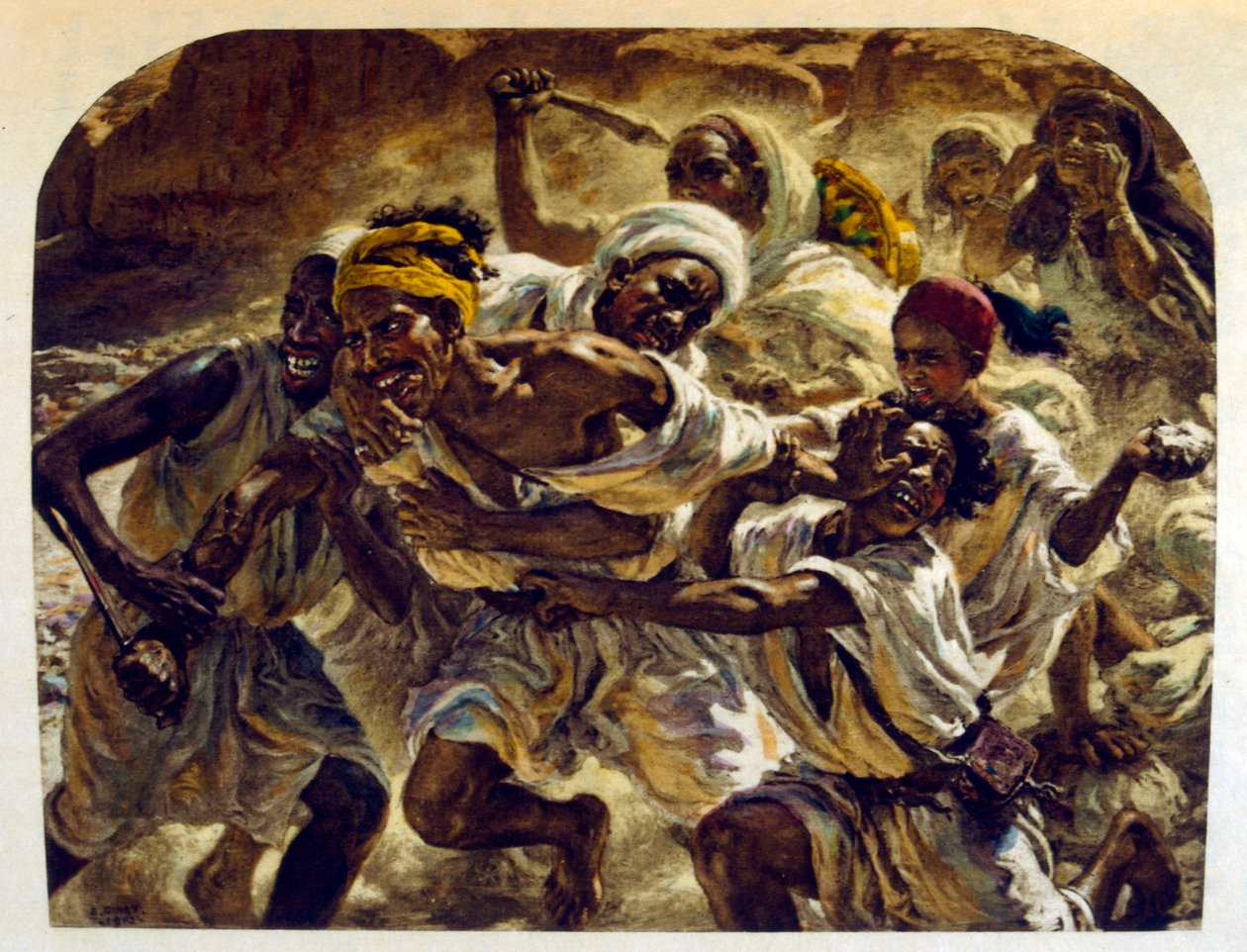 Ilustracja Dinet z „Mirages” Sceny z życia Arabów. 1906. Mirages, Scénes De La Vie Arab został zilustrowany przez Etienne Dinet z komentarzem Silmana Ben Ibrahima Bamera. Nasreddine Dinet urodził się jako Alphonse-Étienne Dinet; (1861-1929) był francuskim  autorstwa Alphonse Etienne Dinet