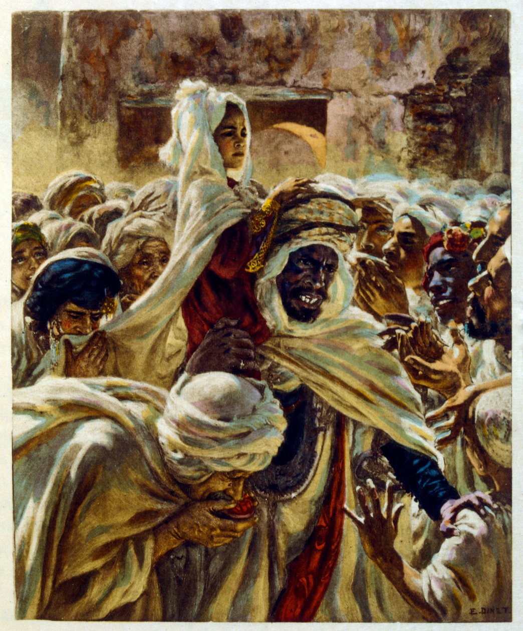 Ilustracja Dinet z „Mirages” Sceny z życia Arabów. 1906. Mirages, Scénes De La Vie Arab został zilustrowany przez Etienne Dinet z komentarzem Silmana Ben Ibrahima Bamera. Nasreddine Dinet urodził się jako Alphonse-Étienne Dinet; (1861-1929) był francuskim  autorstwa Alphonse Etienne Dinet