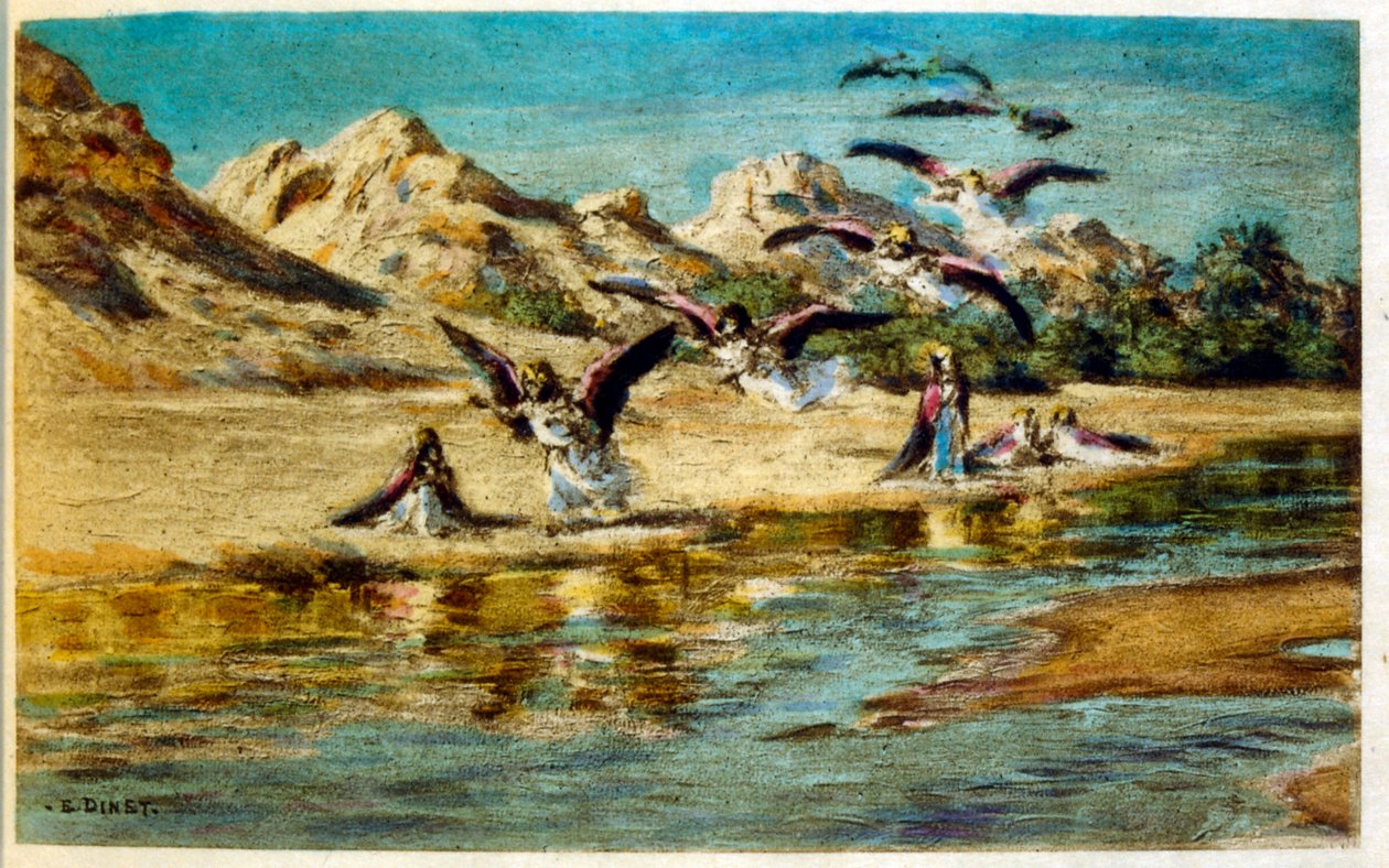 Ilustracja Dinet z „Mirages” Sceny z życia Arabów. 1906. Mirages, Scénes De La Vie Arab został zilustrowany przez Etienne Dinet z komentarzem Silmana Ben Ibrahima Bamera. Nasreddine Dinet urodził się jako Alphonse-Étienne Dinet; (1861-1929) był francuskim  autorstwa Alphonse Etienne Dinet