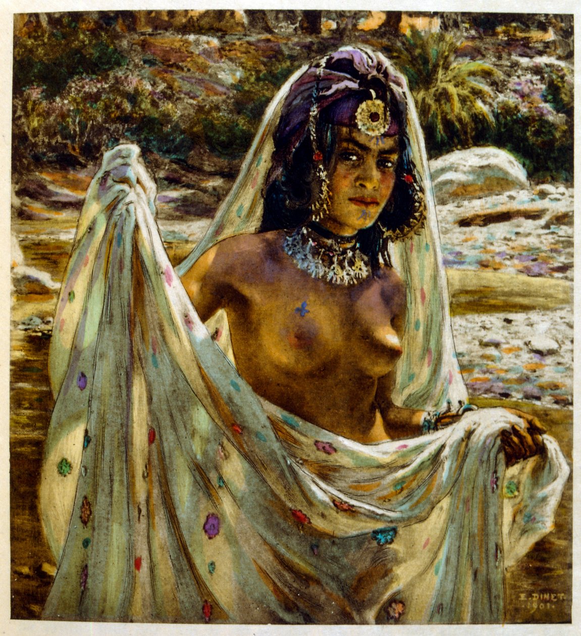Ilustracja Dinet z „Mirages” Sceny z życia Arabów. 1906. Mirages, Scénes De La Vie Arab został zilustrowany przez Etienne Dinet z komentarzem Silmana Ben Ibrahima Bamera. Nasreddine Dinet urodził się jako Alphonse-Étienne Dinet; (1861-1929) był francuskim  autorstwa Alphonse Etienne Dinet