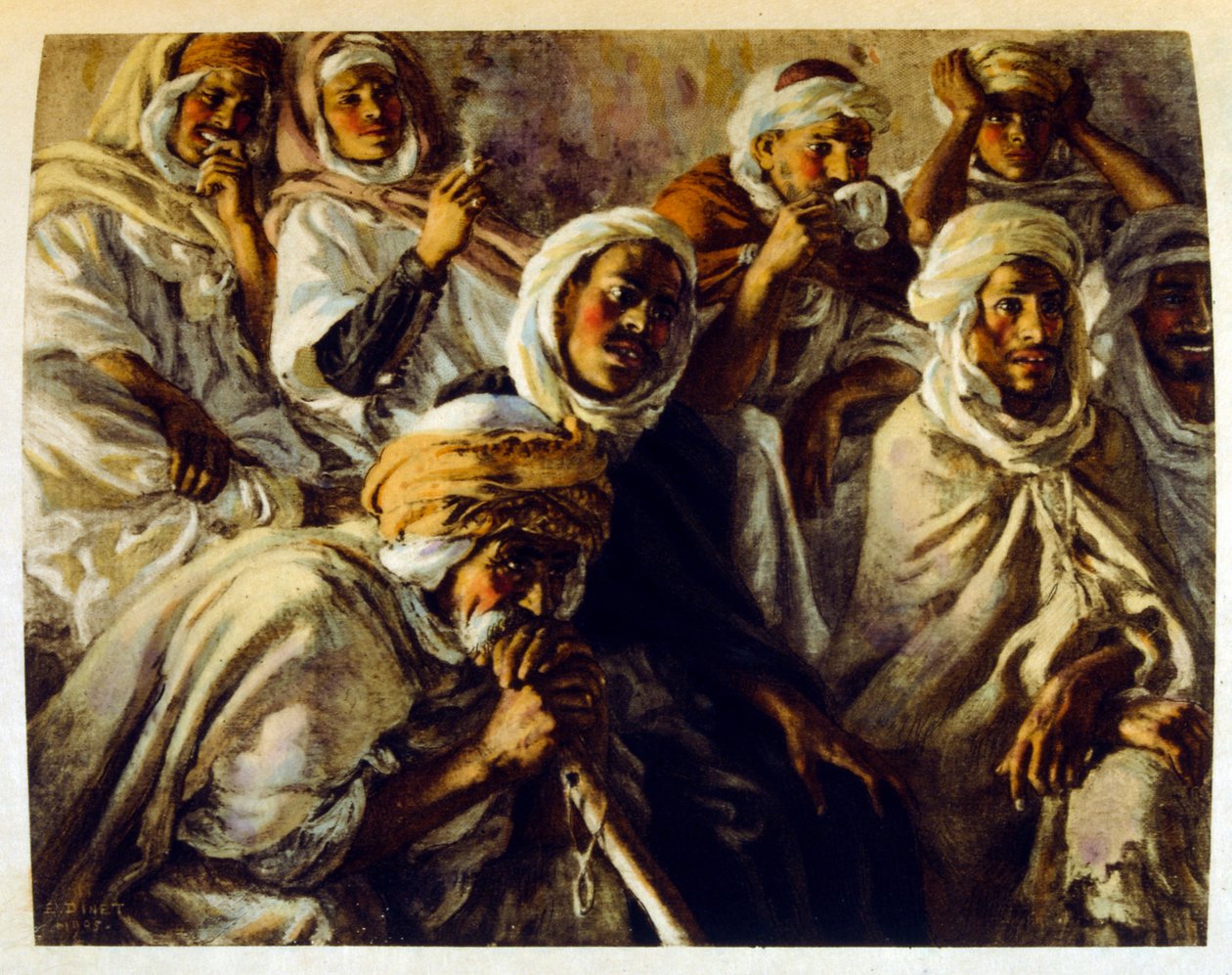 Ilustracja Dinet z „Mirages” Sceny z życia Arabów. 1906. Mirages, Scénes De La Vie Arab został zilustrowany przez Etienne Dinet z komentarzem Silmana Ben Ibrahima Bamera. Nasreddine Dinet urodził się jako Alphonse-Étienne Dinet; (1861-1929) był francuskim  autorstwa Alphonse Etienne Dinet