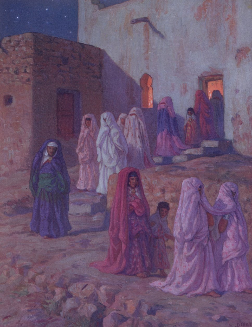 Muzułmanie opuszczający wiejski meczet w wigilię Mouled, ilustracja z historii życia proroka Mahometa, opublikowana w Paryżu w 1918 r. autorstwa Alphonse Etienne Dinet