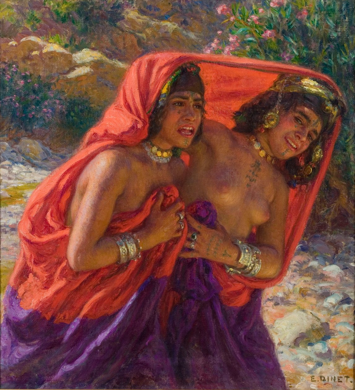 Przerażeni kąpiący się; La Fuite des Baigneuses (olej na płótnie) autorstwa Alphonse Etienne Dinet