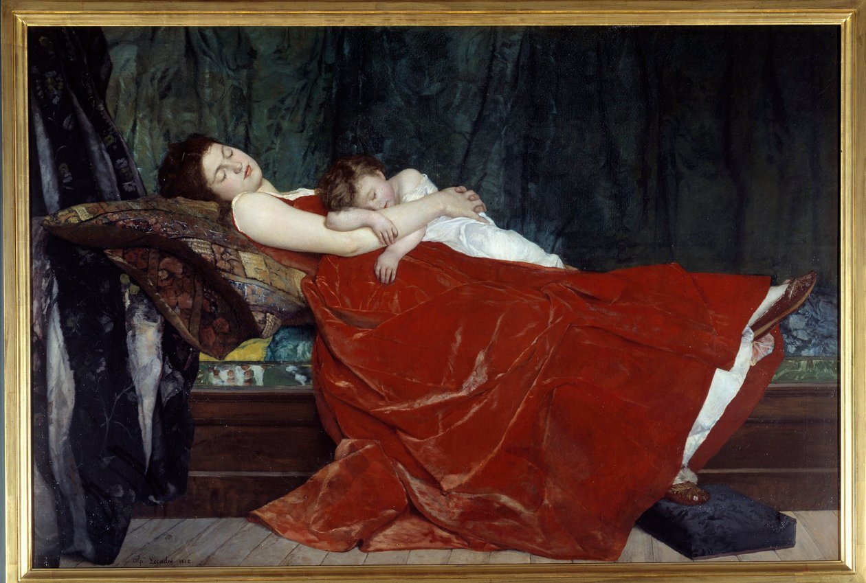 Śpiąca Kobieta i dziecko do spania. Obraz Alphonse Lecadre (1842-1875) 1872 Nantes, Musee des Beaux Arts autorstwa Alphonse Eugene Felix Lecadre