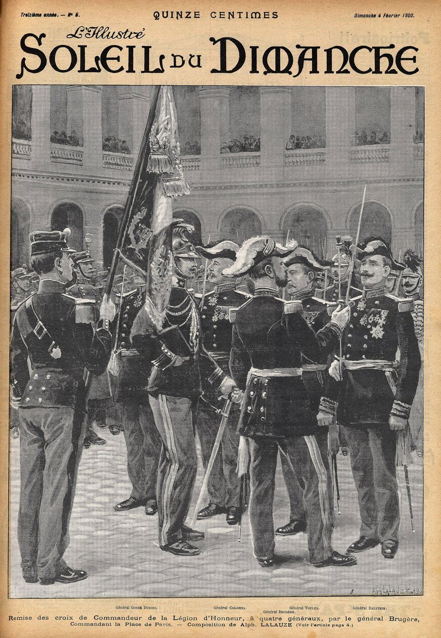 Wręczenie krzyży dowódczych Legii Honorowej czterem generałom (Gosse Dubois, generał Colonna, generał Toulza, generał Dalstein) przez generała Brugere. Grawer Lalauze dla „Le Soleil-du-Dimanche” w lutym 1900. autorstwa Alphonse Lalauze