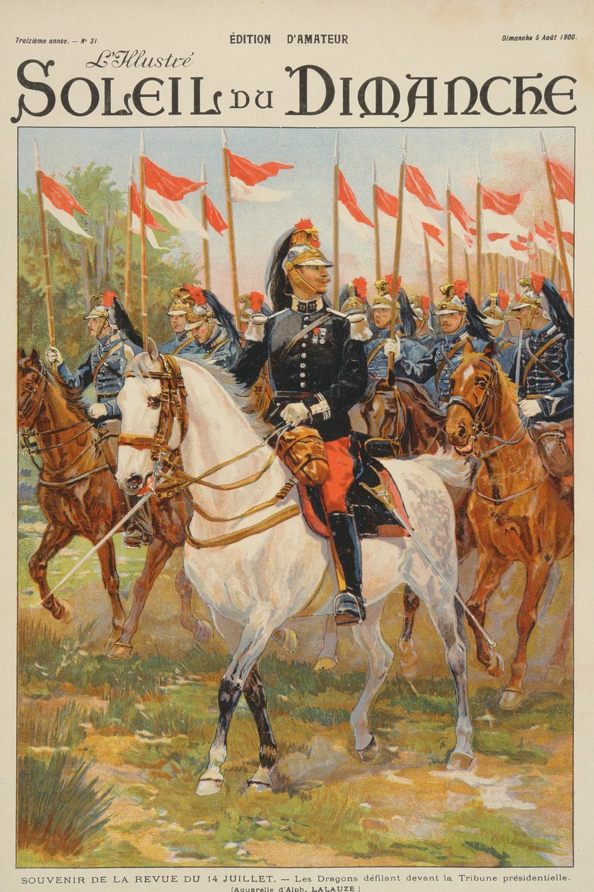 Recenzja z 14 lipca, parada smoczego pułku przed trybuną prezydencką, ilustracja z okładki „Soleil du Dimanche” 5 sierpnia 1900 autorstwa Alphonse Lalauze