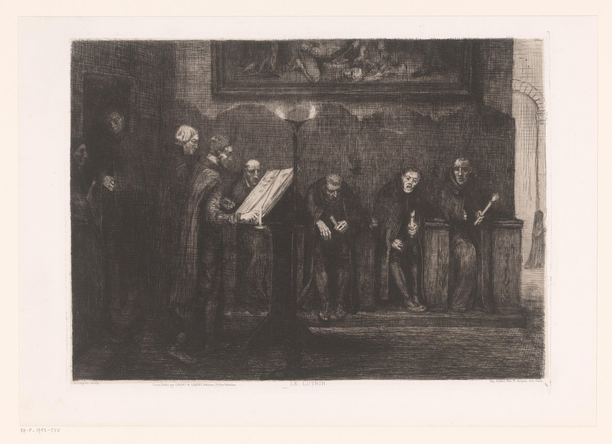 Ośmiu mężczyzn wokół mównicy Le lutrin (tytuł na obiekcie) autorstwa Alphonse Legros