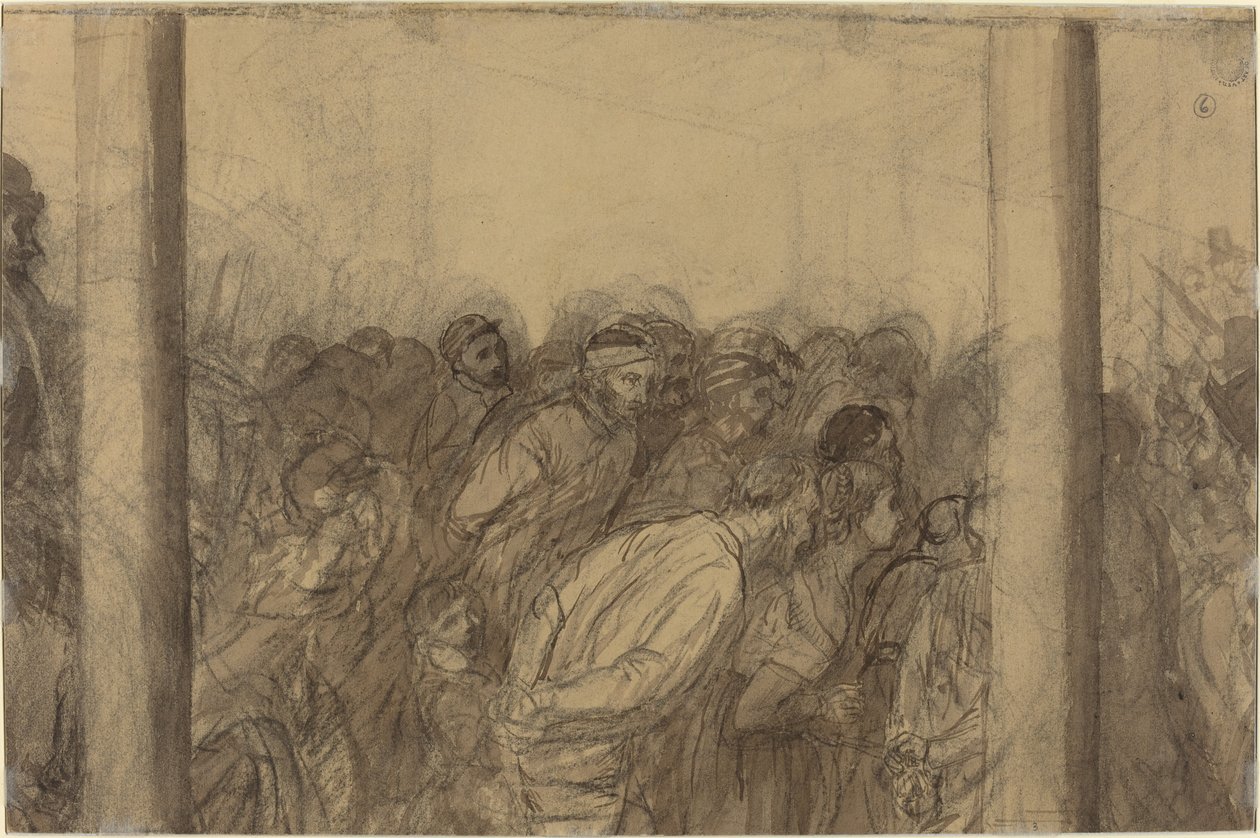 Tłum ludzi widziany między dwiema kolumnami [verso] autorstwa Alphonse Legros