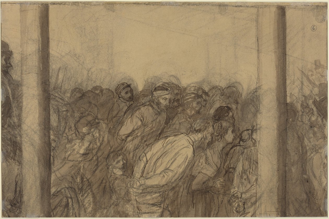 Tłum ludzi widziany między dwiema kolumnami [verso] autorstwa Alphonse Legros