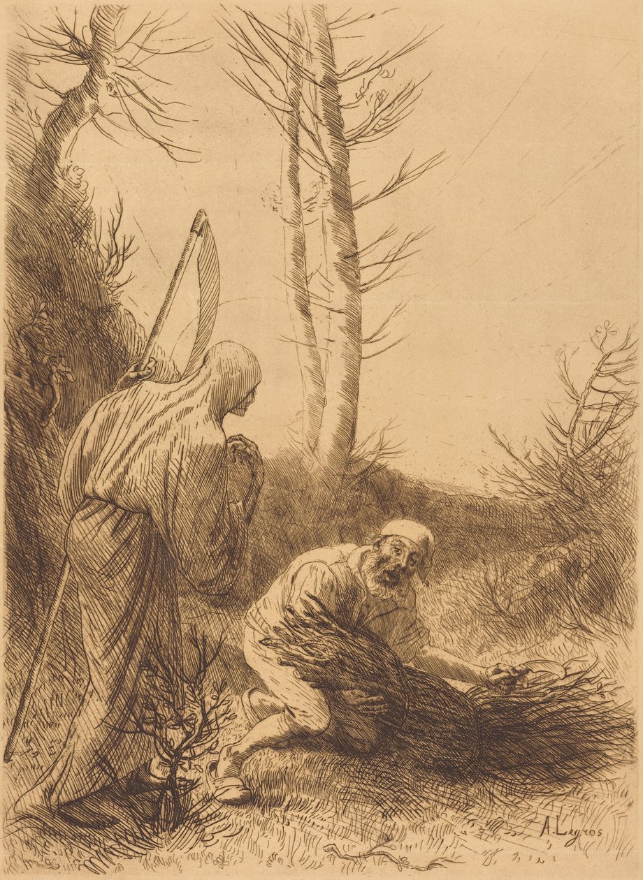 Śmierć i drwal, druga rycina (Le mort et le bucheron) autorstwa Alphonse Legros