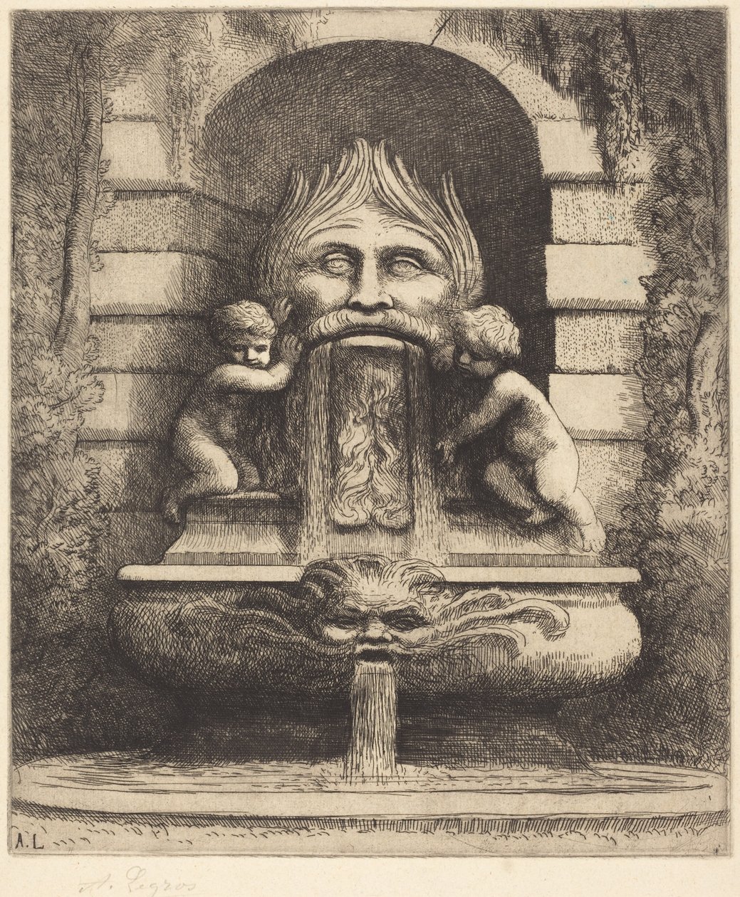 Fontanna: Groteska, dzieci i basen (Fontanna: Maska, dzieci i basen) autorstwa Alphonse Legros