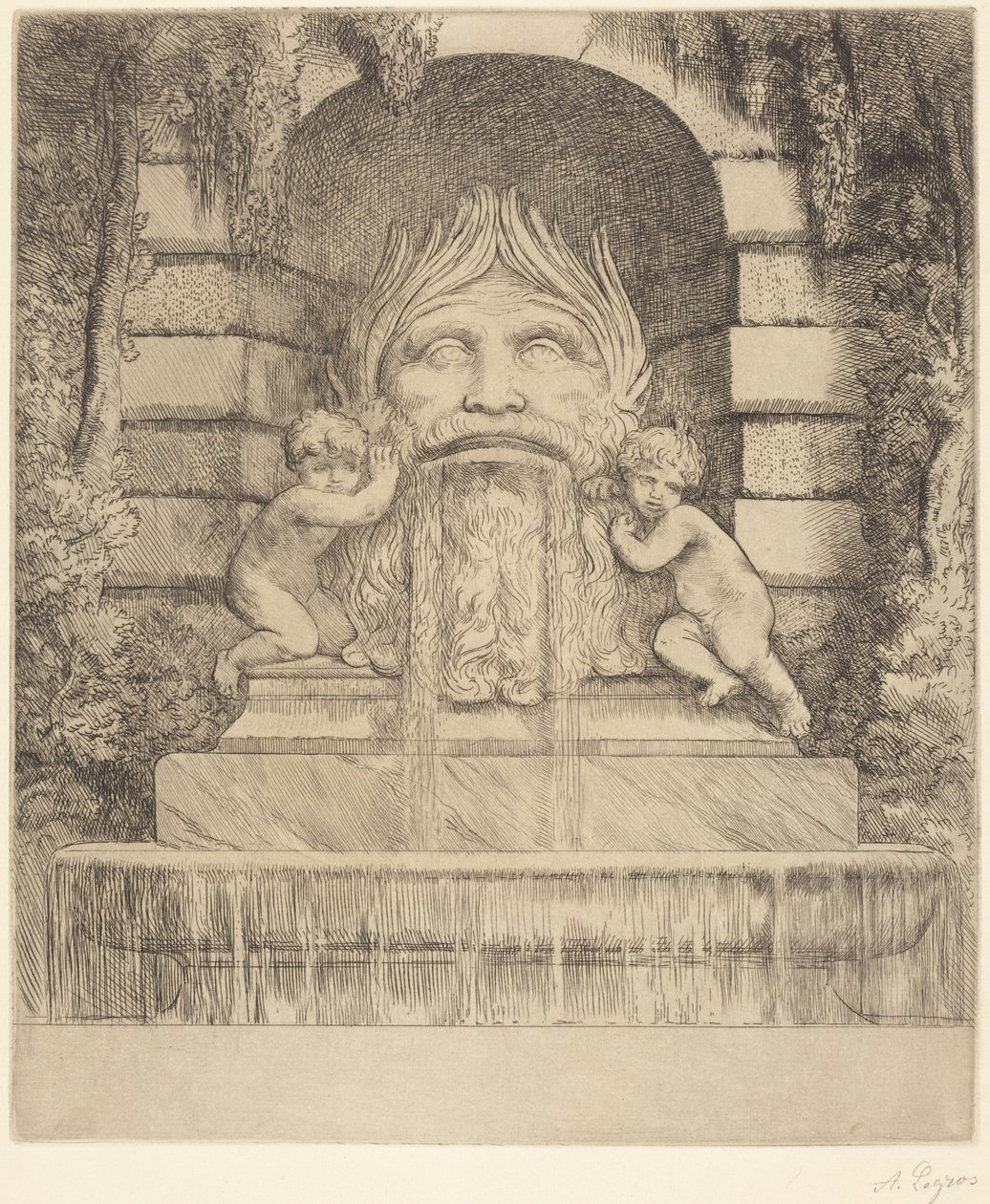 Fontanna: groteskowa maska, dzieci i basen autorstwa Alphonse Legros