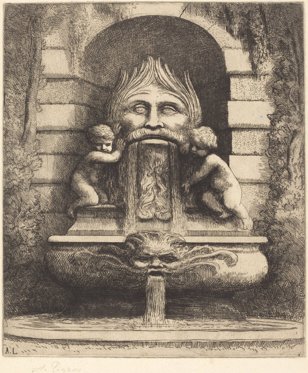 Fontanna: Groteska, Dzieci i Basen Une Fountaine: Masque, enfants et bassin. autorstwa Alphonse Legros
