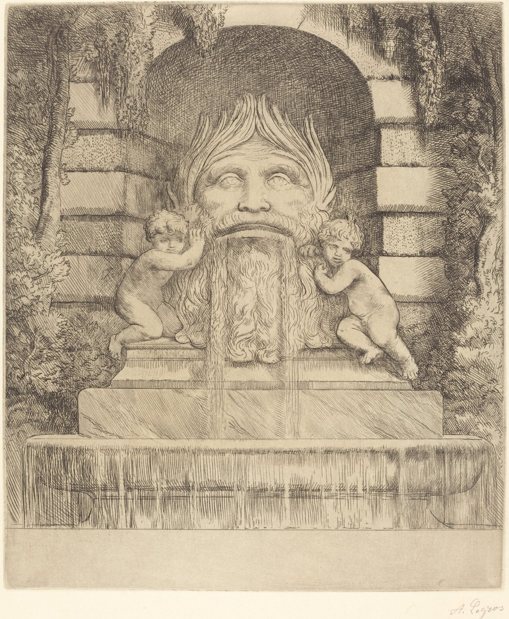 Fontanna: Groteska, Dzieci i Basen Une Fountaine: Masque, enfants et bassin. autorstwa Alphonse Legros