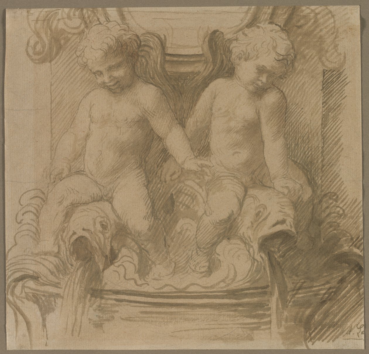 Fontanna z delfinami jeżdżącymi Putti, ostatnia połowa XIX wieku. autorstwa Alphonse Legros