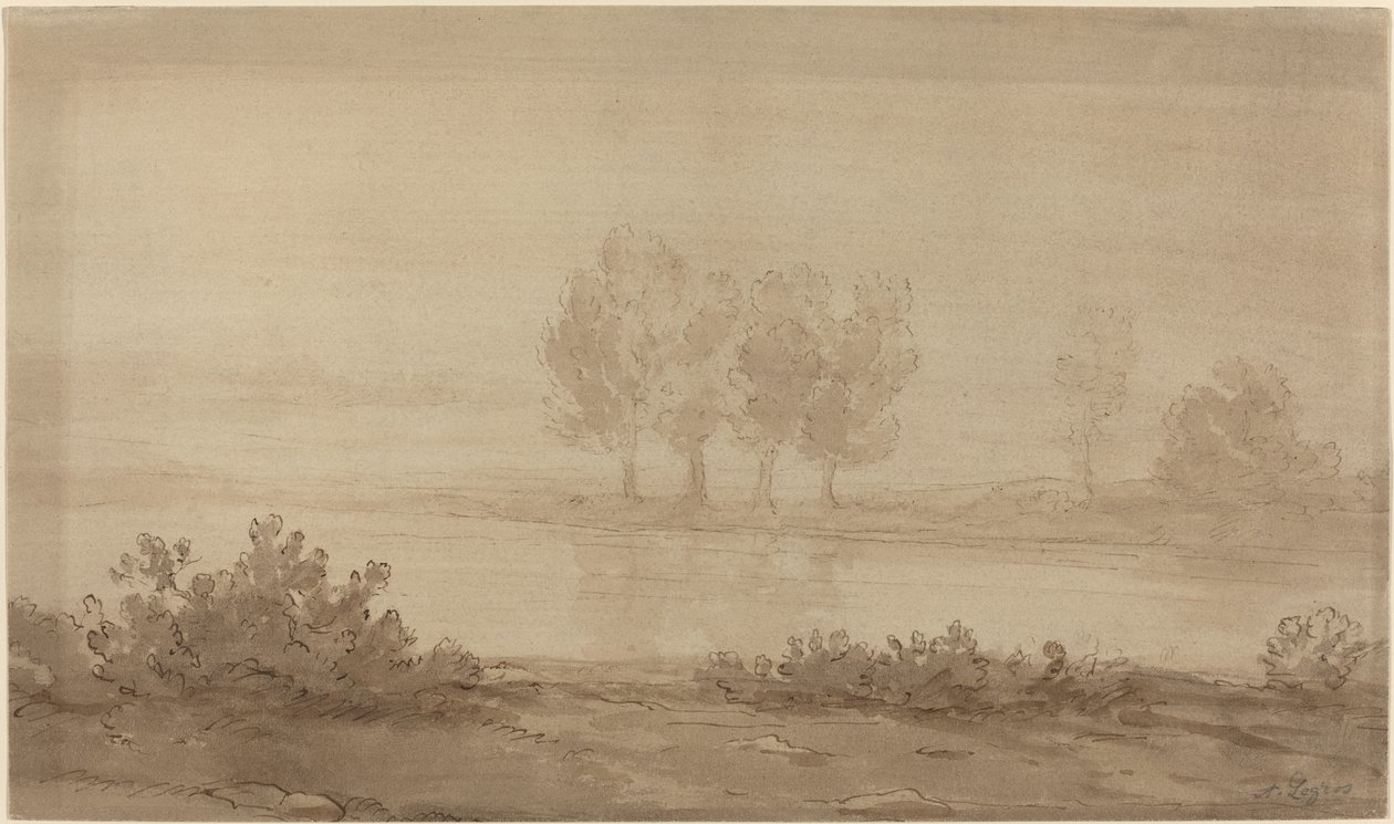 Krajobraz - Cztery drzewa za rzeką autorstwa Alphonse Legros
