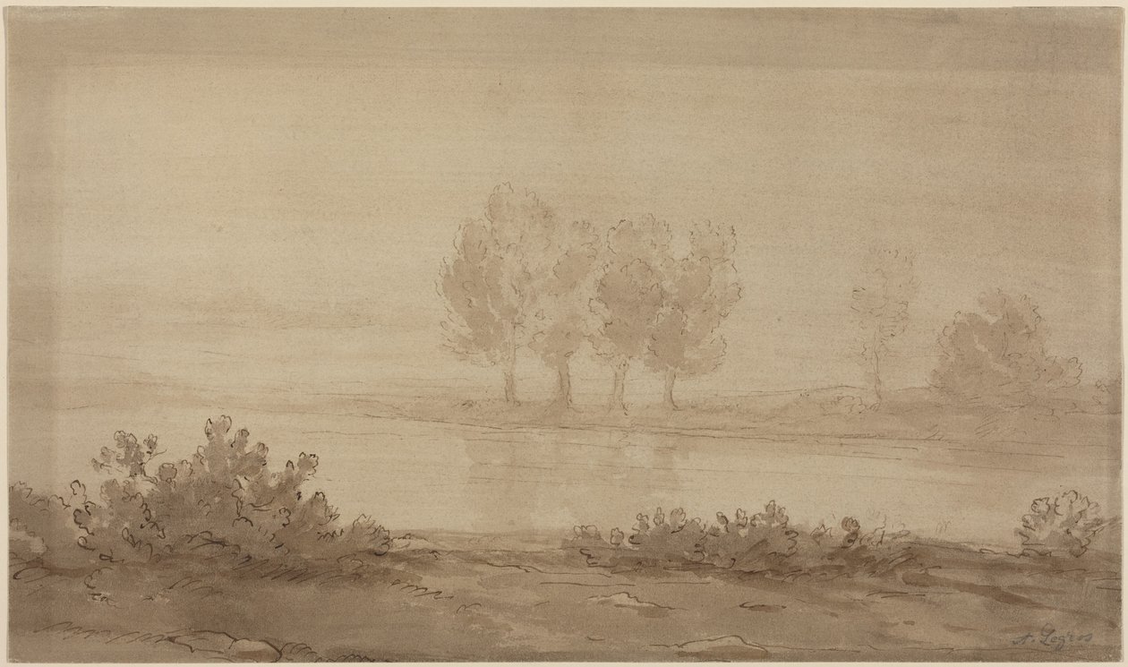 Pejzaż - cztery drzewa za rzeką autorstwa Alphonse Legros