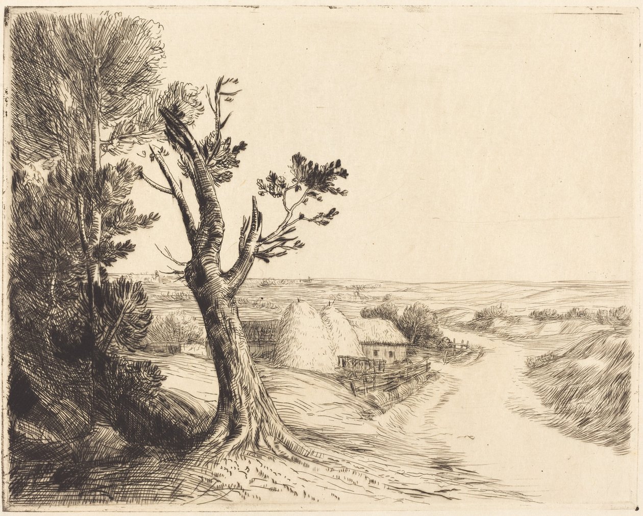 Krajobraz ze stogami siana (Le paysage aux meules) autorstwa Alphonse Legros