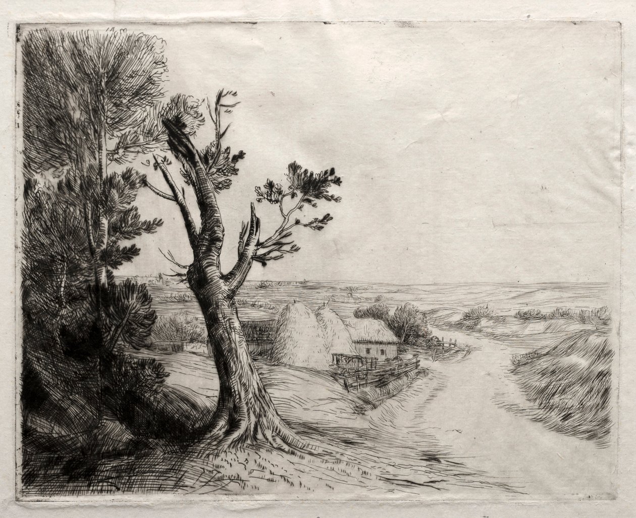 Krajobraz ze stosami słomek. autorstwa Alphonse Legros