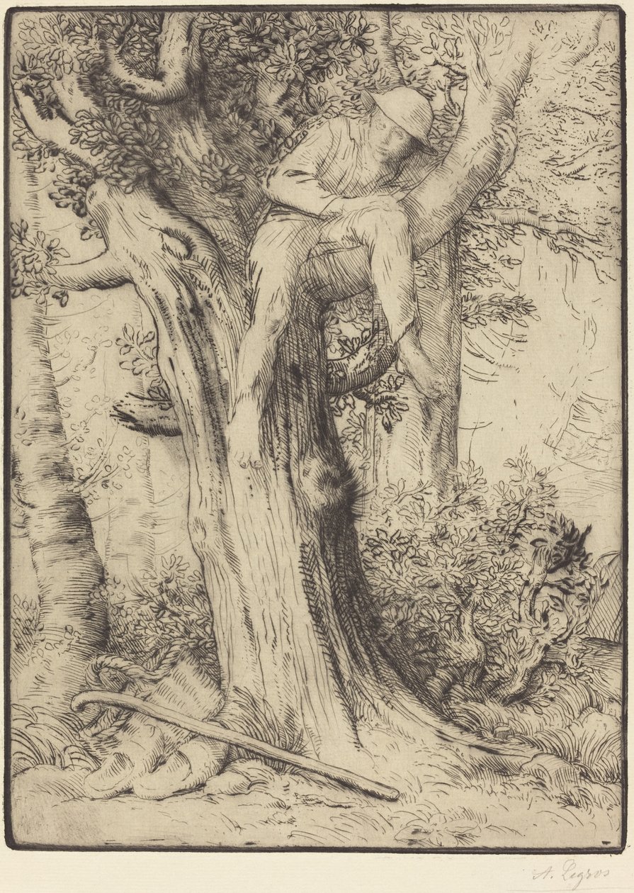 Krajobraz z chłopcem na drzewie autorstwa Alphonse Legros