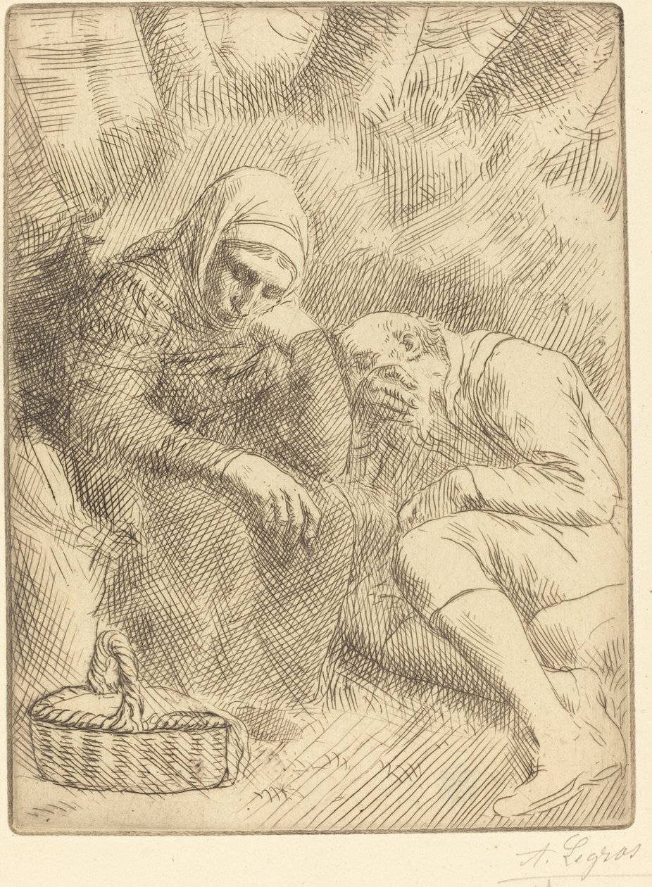 Mężczyzna i żona siedzą przy drodze z koszykiem Homme et femme assis au bord... autorstwa Alphonse Legros
