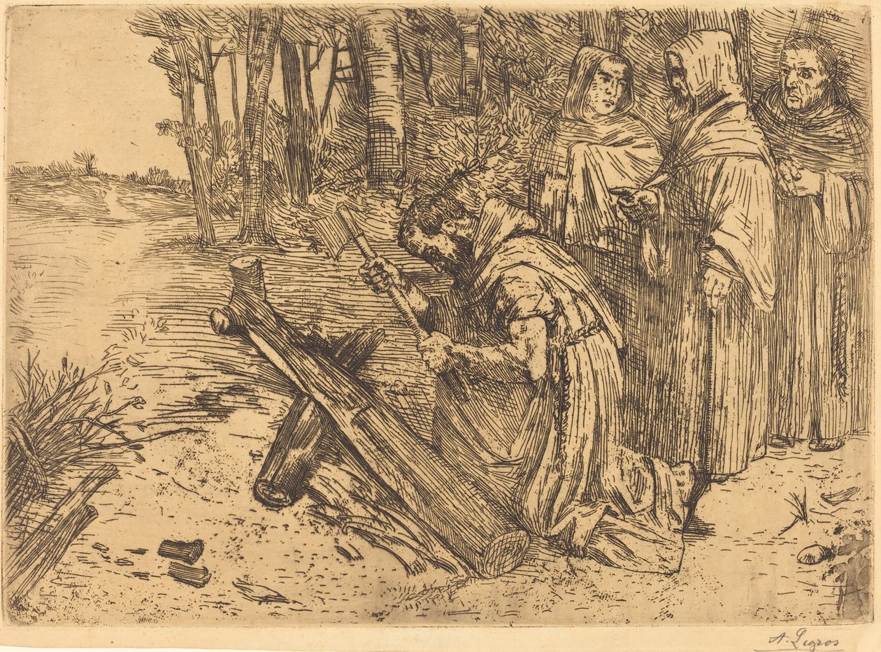 Mnisi rąbiący drewno (Les moines bucherons) autorstwa Alphonse Legros