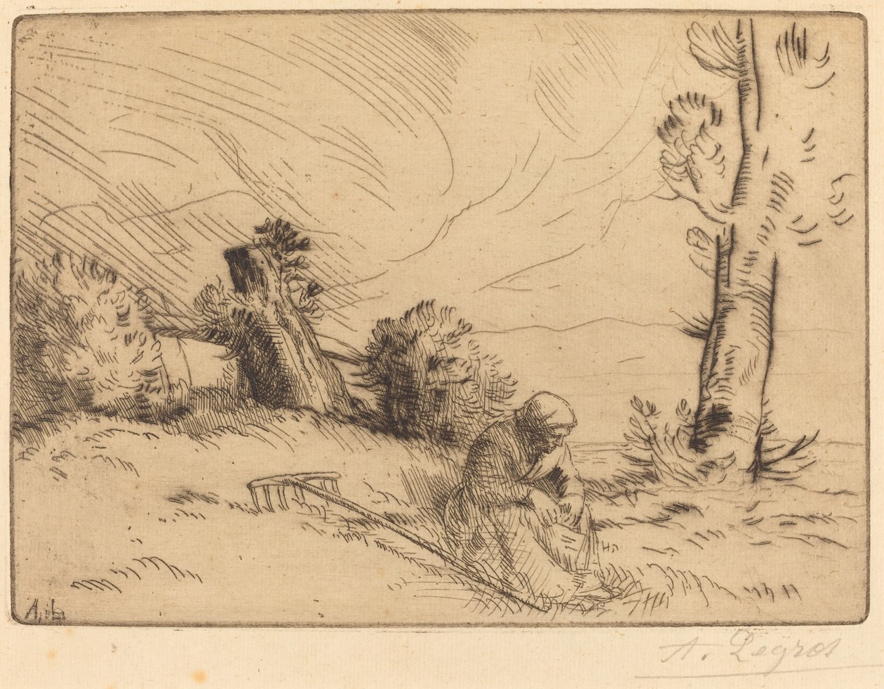 Wieśniaczka siedząca w pobliżu żywopłotu autorstwa Alphonse Legros