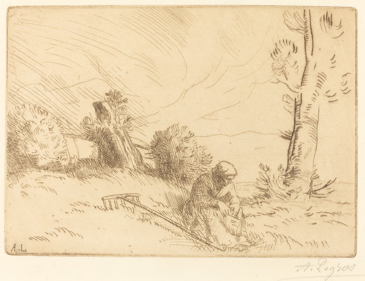 Wieśniaczka siedząca w pobliżu żywopłotu autorstwa Alphonse Legros