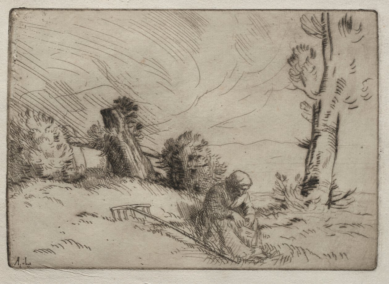 Chłopka siedząca w pobliżu żywopłotu. autorstwa Alphonse Legros