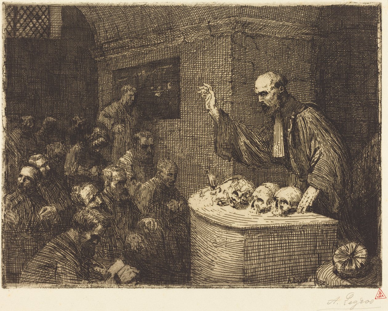 Kurs frenologii, druga ilustracja (Le cours de phrenologie) autorstwa Alphonse Legros