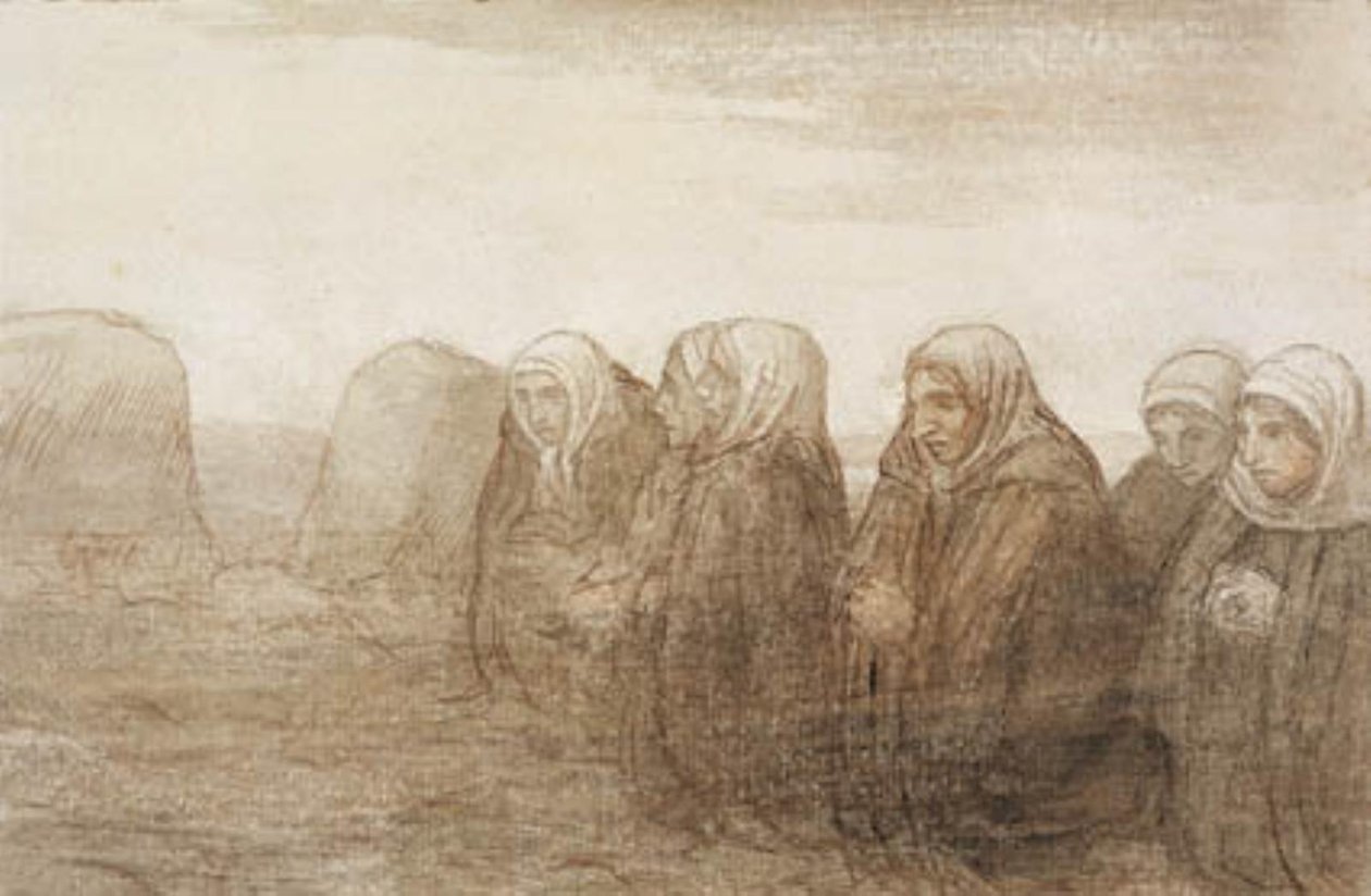 Sześć chłopskich żon modlących się na jesiennym polu autorstwa Alphonse Legros