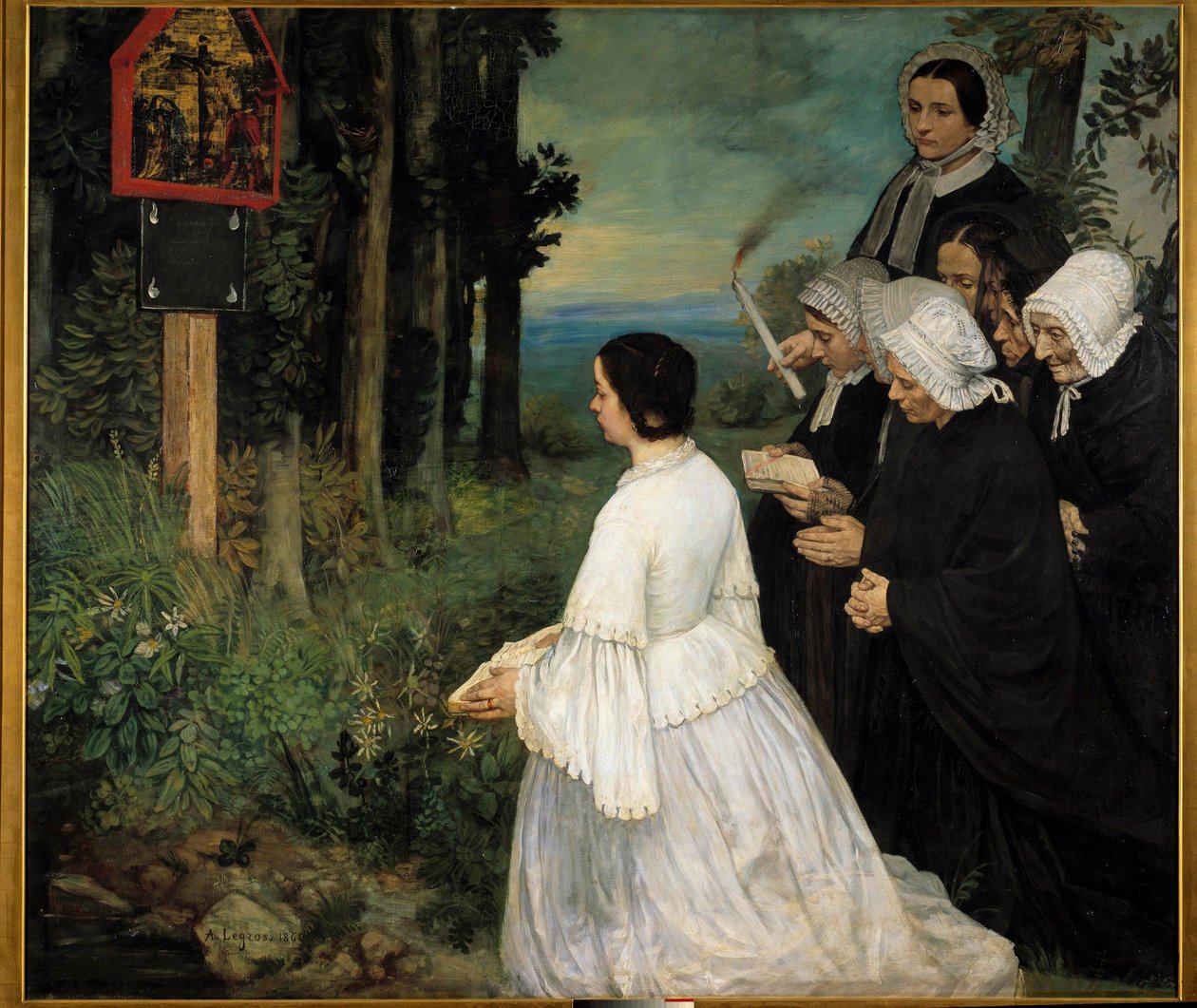 Ex-voto Kobiety (w tradycyjnych strojach Bretończyków?) gromadzą się przed ex-voto. Obraz Alphonse Legros (1837-1911) 1860 Nd. 1,74x1,97 m Dijon, Muzeum Sztuk Pięknych autorstwa Alphonse Legros
