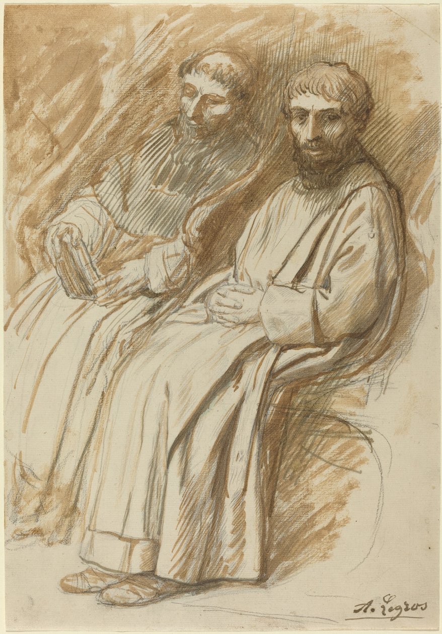 Dwóch mnichów siedzących w kościele. autorstwa Alphonse Legros