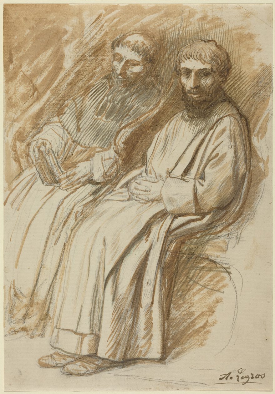 Dwóch mnichów siedzących w kościele autorstwa Alphonse Legros