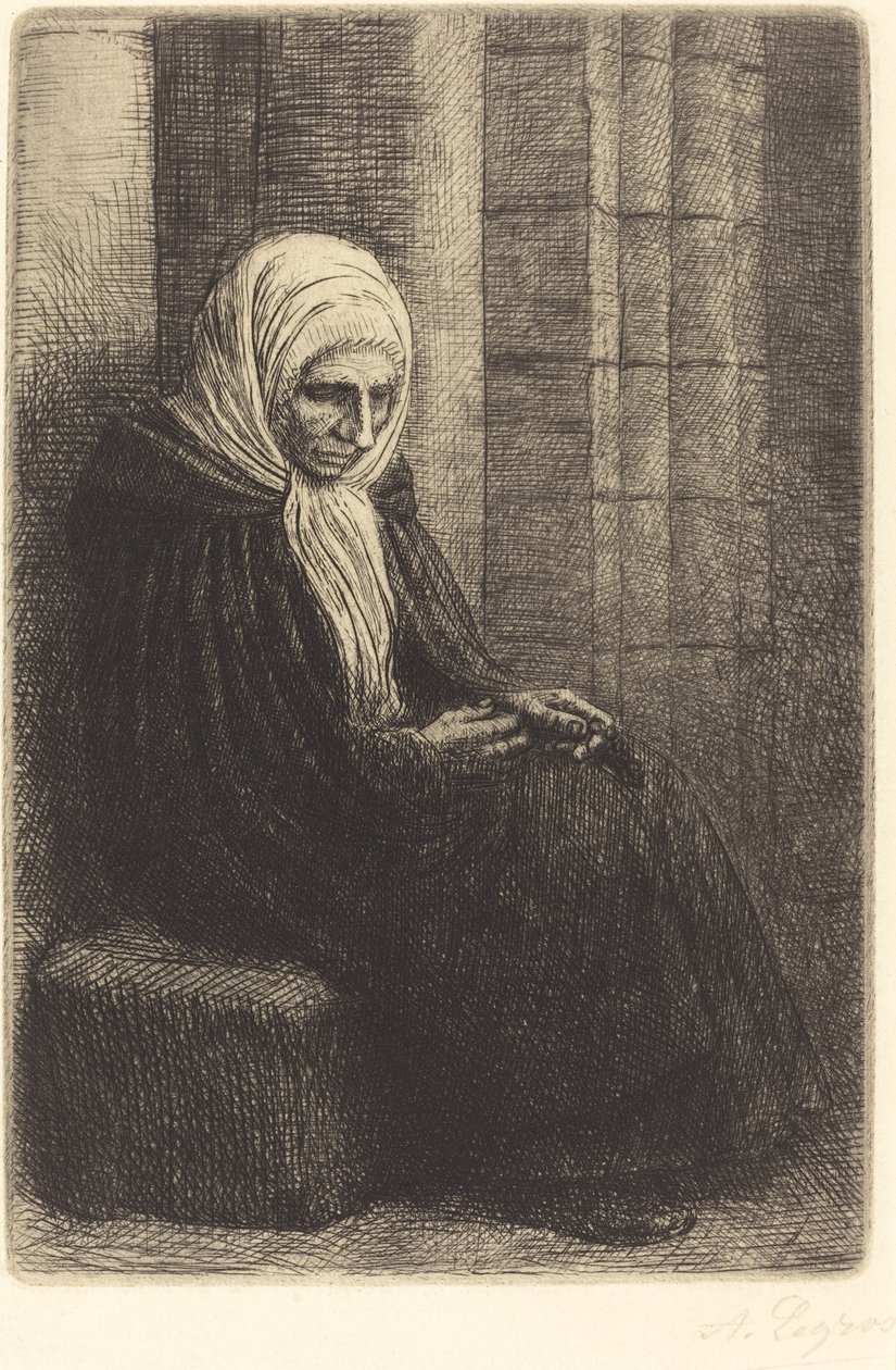 Kobieta siedząca pod ścianą, dziecko z głową na kolanach autorstwa Alphonse Legros