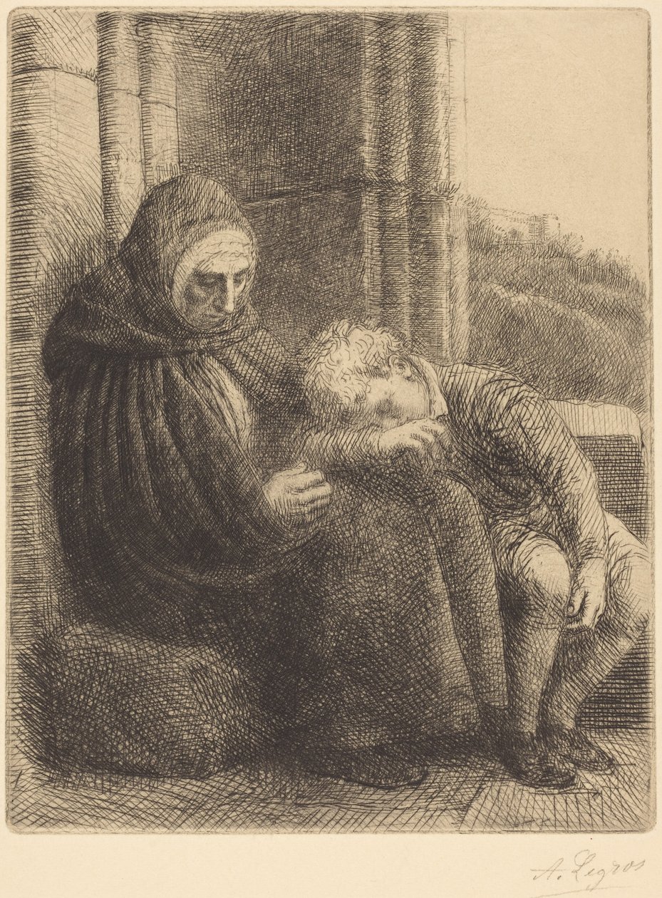 Kobieta siedząca przy ścianie, dziecko z głową na jej kolanach (Kobieta siedząca, w tle ściana, dziecko z głową na jej kolanach) autorstwa Alphonse Legros
