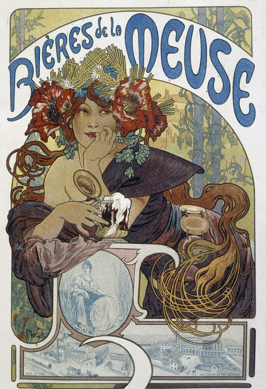 Piwa Meuse - reklama, Arts Deco. autorstwa Alphonse Marie (after) Mucha