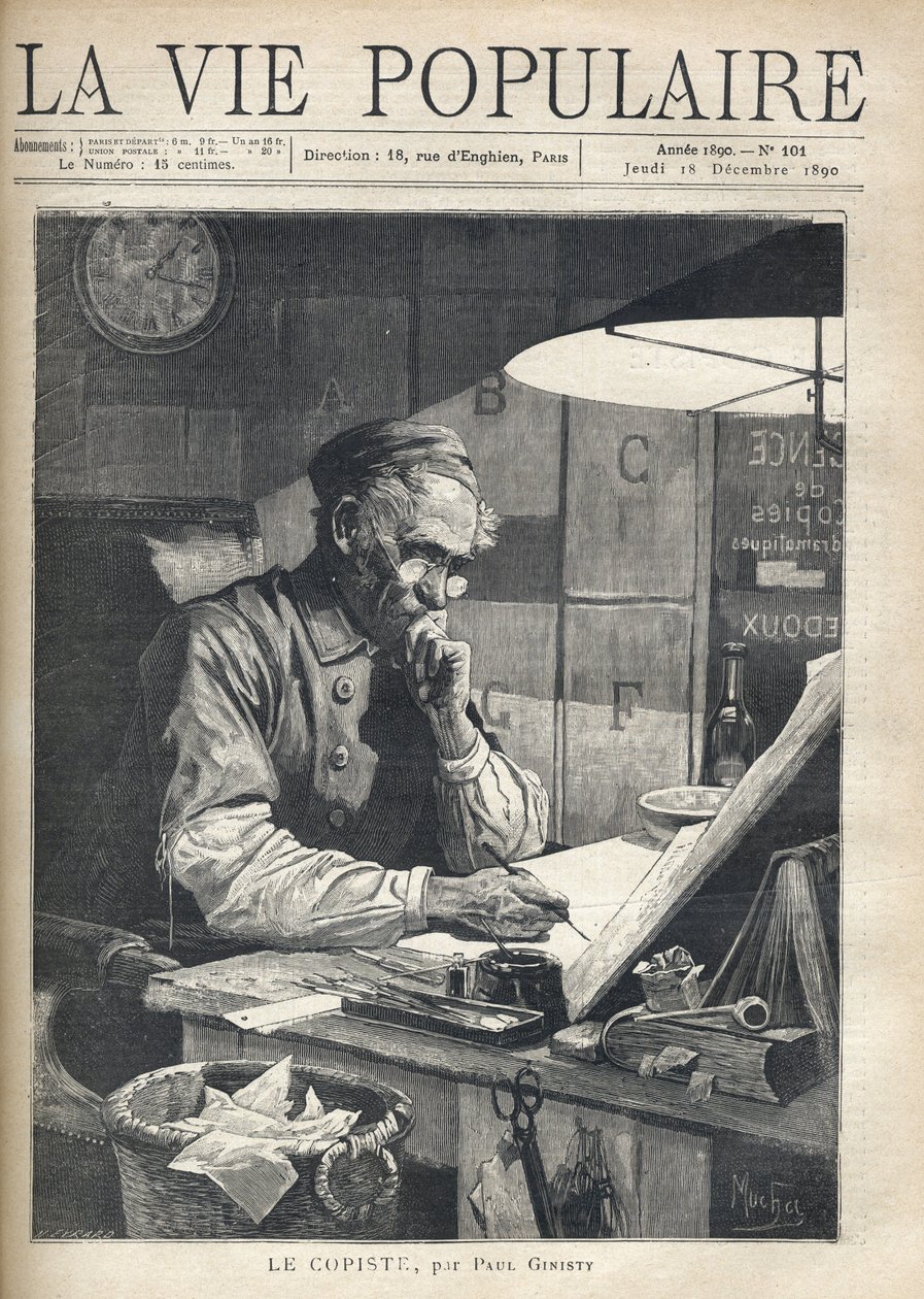 Skoncentrowany kopista pracujący w jego biurze. Ilustracja Alfonsa Marii Muchy (Alphonse Marie Mucha autorstwa Alphonse Mucha