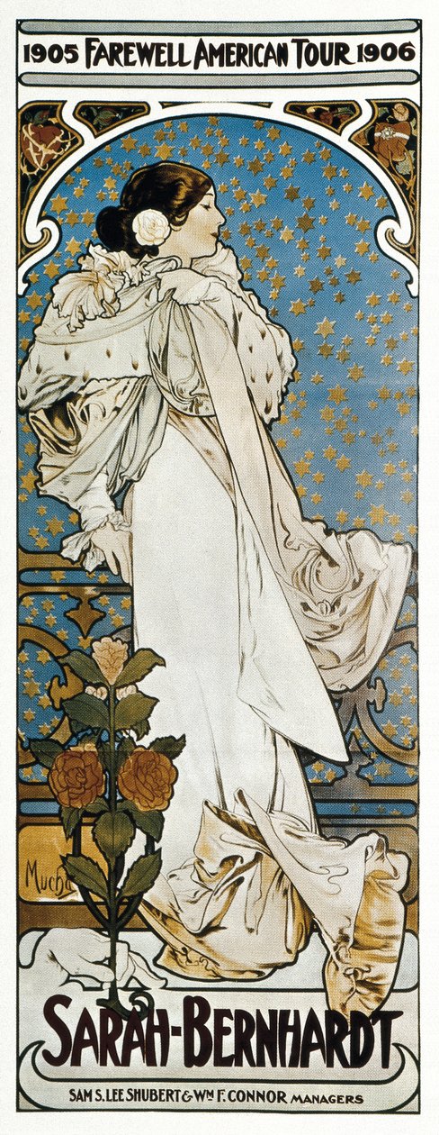 Plakat promujący trasę Farewell American Tour Sarah Bernhardt autorstwa Alphonse Marie Mucha