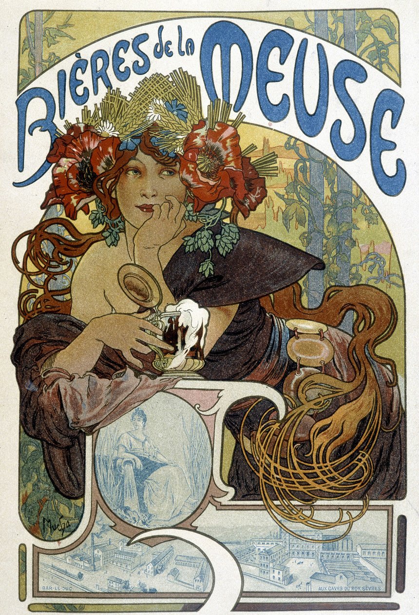 Reklama piwa z Mozy. Ilustracja Muchy (czeski malarz i projektant plakatów) autorstwa Alphonse Mucha