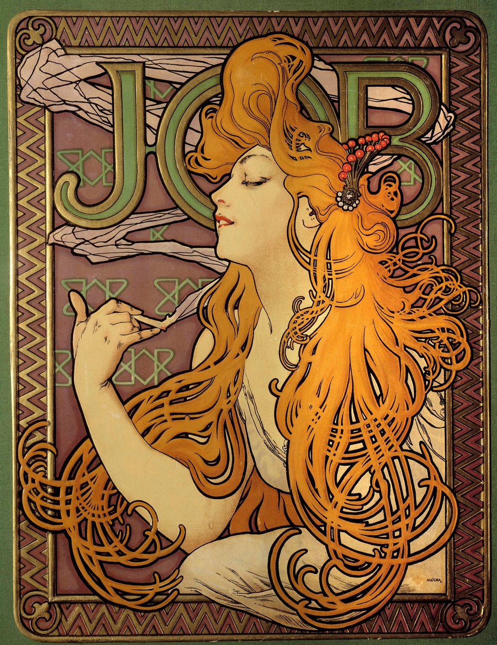 Reklama marki papieru papieros „”Job””, Litografia Alphonse Mucha (1860-1939), Illustrur tchecoslovaque autorstwa Alphonse Mucha