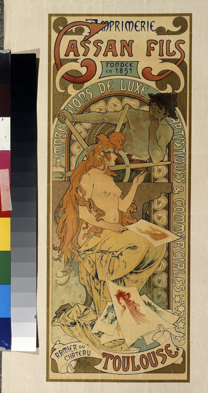 Plakat reklamowy dla drukarni "Cassan Fils, druk luksusowy, artystyczny i komercyjny" w Tuluzie. Plakat Alfonsa Marii Muchy (Alphonse Marie Mucha autorstwa Alphonse Marie Mucha
